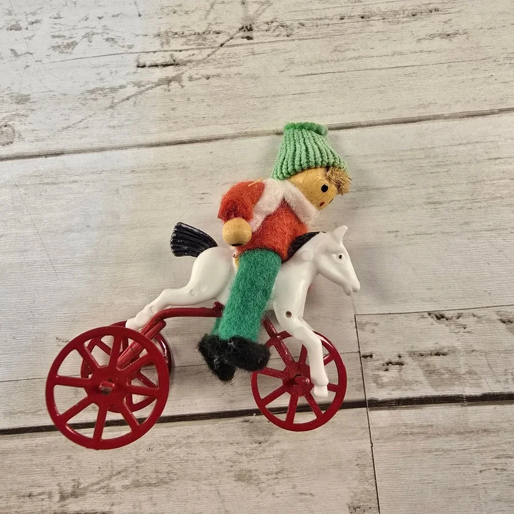 Vintage Christmas Ornament Set Hand Carved Wood Santa Moon and Boy on Tricycle